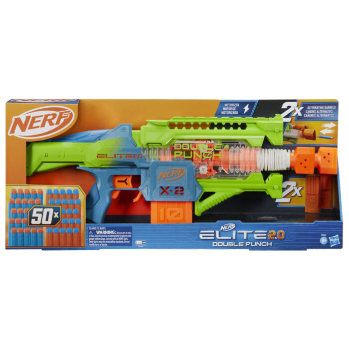 Nerf Elite 2.0 Double Punch Dart Blaster, 50 Nerf Elite Darts, 2x 10-Dart Clips, Motorized Nerf Blaster - Image 2