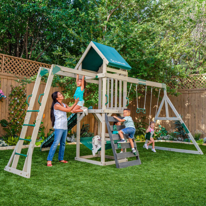 KidKraft Park Tower Wooden Swing Set with Slide, Monkey Bar and 3 Swings - Image 2