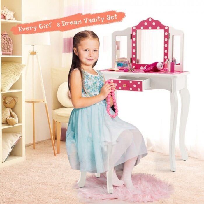 Kids Vanity Table and Stool Set with Cute Polka Dot Print - Image 3