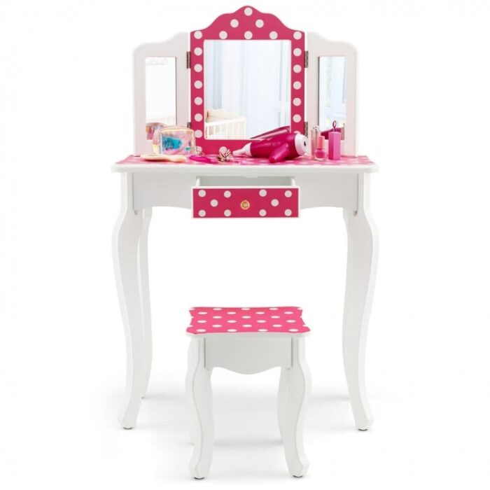 Kids Vanity Table and Stool Set with Cute Polka Dot Print - Image 4