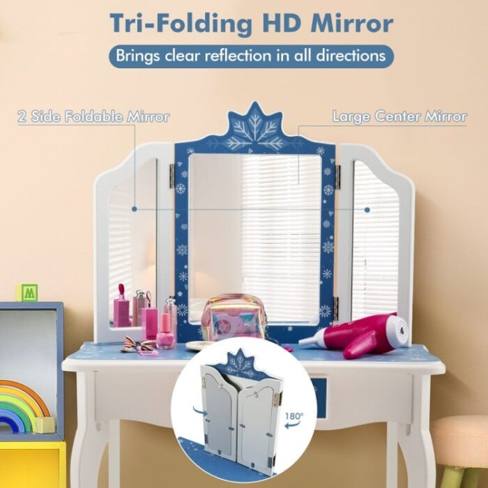 Princess Vanity Table and Chair Set with Tri-Folding Mirror and Snowflake Print - Image 7