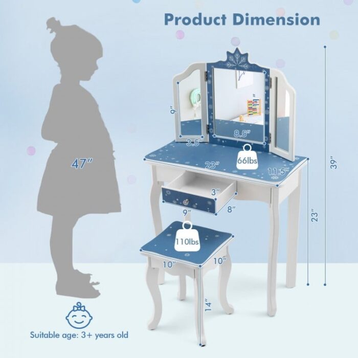 Princess Vanity Table and Chair Set with Tri-Folding Mirror and Snowflake Print - Image 5