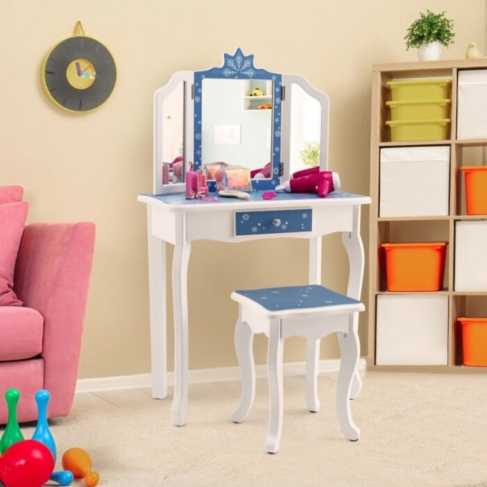 Princess Vanity Table and Chair Set with Tri-Folding Mirror and Snowflake Print - Image 2