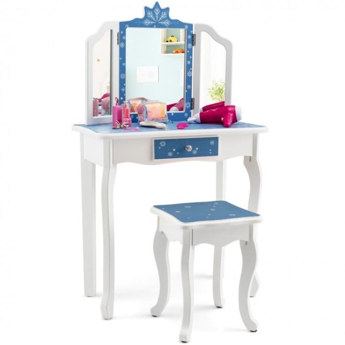 Princess Vanity Table and Chair Set with Tri-Folding Mirror and Snowflake Print - Image 4