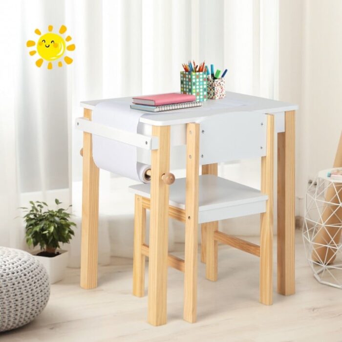 Kids Art Table and Chair Set with Drawer Paper Roll and 2 Markers - Image 2