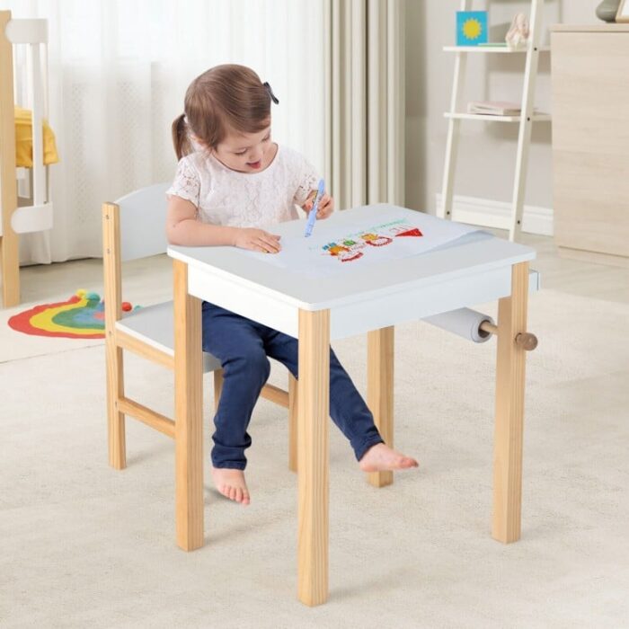 Kids Art Table and Chair Set with Drawer Paper Roll and 2 Markers - Image 3