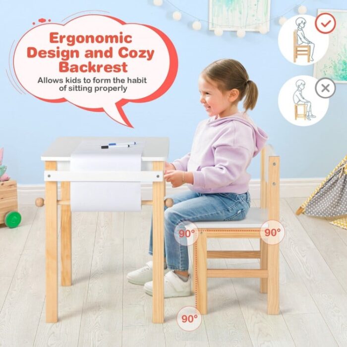 Kids Art Table and Chair Set with Drawer Paper Roll and 2 Markers - Image 6