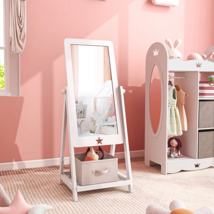 Kids Full Length Wooden Standing Mirror with Bottom Shelf and Foldable Storage Bin - Image 3