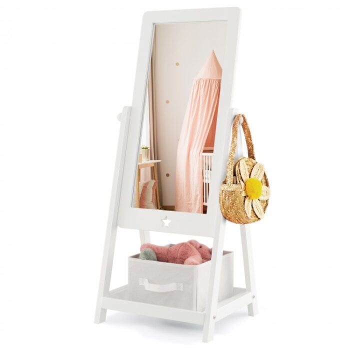 Kids Full Length Wooden Standing Mirror with Bottom Shelf and Foldable Storage Bin - Image 4