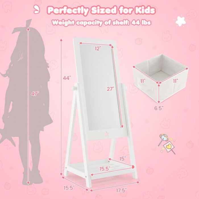 Kids Full Length Wooden Standing Mirror with Bottom Shelf and Foldable Storage Bin - Image 5