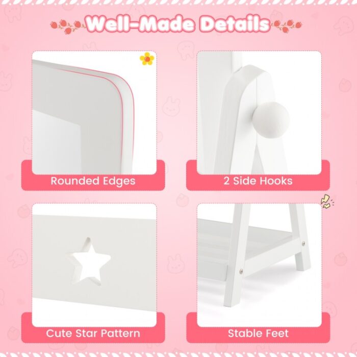 Kids Full Length Wooden Standing Mirror with Bottom Shelf and Foldable Storage Bin - Image 7