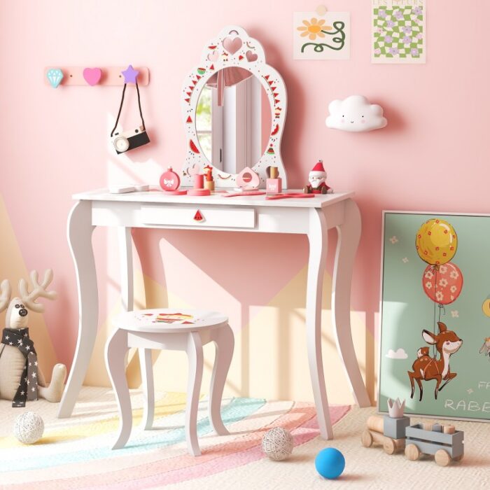 2 in 1 Children Pretend Makeup Vanity Set with Removable Mirror and Storage Drawer - Image 2