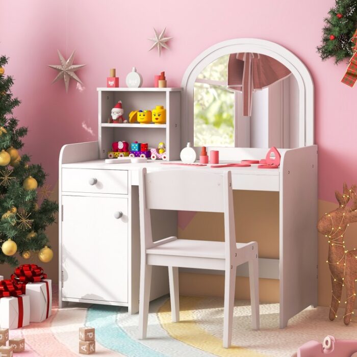 Kids Vanity Table and Chair Set with Shelves Drawer and Cabinet - Image 2