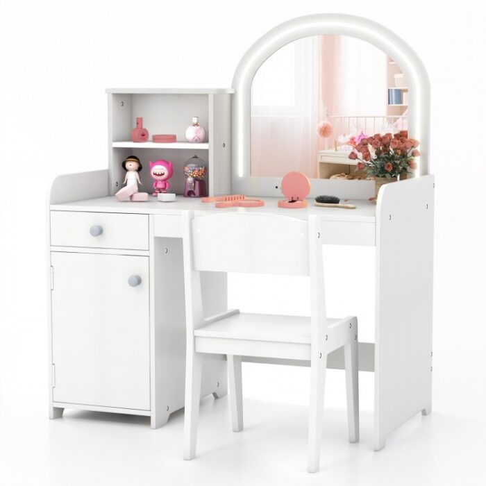 Kids Vanity Table and Chair Set with Shelves Drawer and Cabinet - Image 4