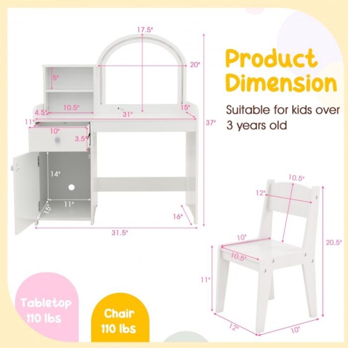 Kids Vanity Table and Chair Set with Shelves Drawer and Cabinet - Image 5