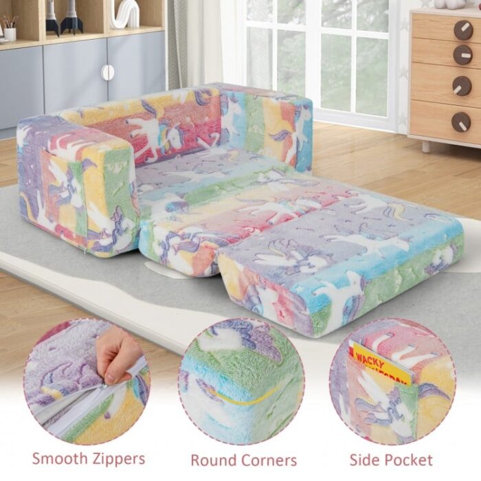 2-in-1 Flip Out Kids Sofa Chair with Detachable Flannel Fabric Cover and Glowing Patterns - Image 10